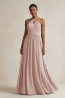 A - Line Halter Chiffon Ruched Bridesmaid Dress in Toffee - SHE IS ME Bridesmaid Dresses