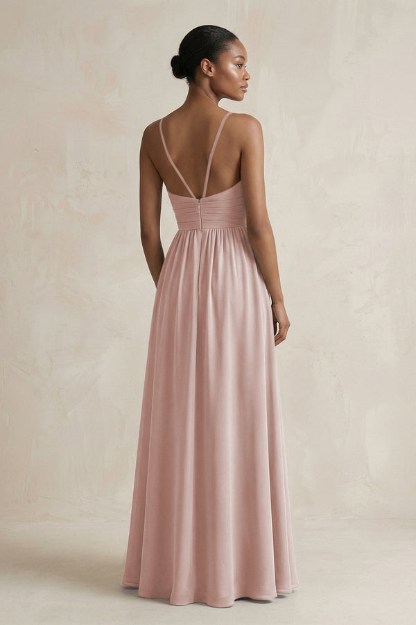 A - Line Halter Chiffon Ruched Bridesmaid Dress in Toffee - SHE IS ME Bridesmaid Dresses