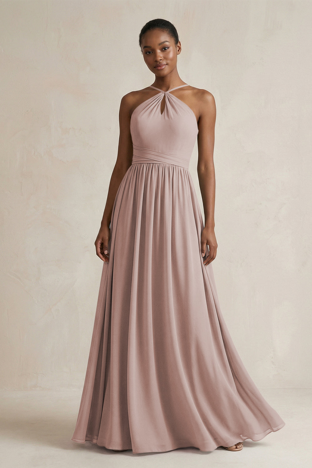 A-Line Halter Chiffon Ruched Bridesmaid Dress in Toffee