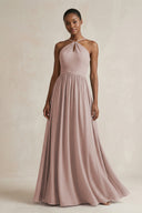 A-Line Halter Chiffon Ruched Bridesmaid Dress in Toffee | KISSBRIDAL