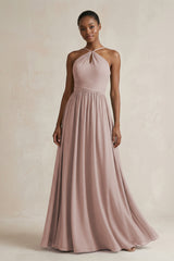 A-Line Halter Chiffon Ruched Bridesmaid Dress in Toffee | KISSBRIDAL