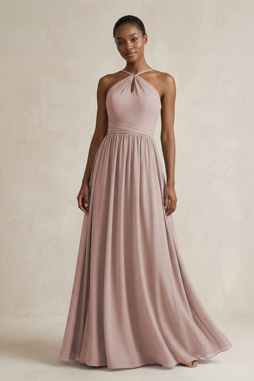 A-Line Halter Chiffon Ruched Bridesmaid Dress in Toffee | KISSBRIDAL