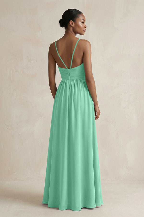 A - Line Halter Chiffon Ruched Bridesmaid Dress in Turquoise - SHE IS ME Bridesmaid Dresses