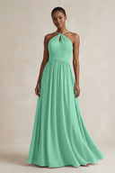 A - Line Halter Chiffon Ruched Bridesmaid Dress in Turquoise - SHE IS ME Bridesmaid Dresses
