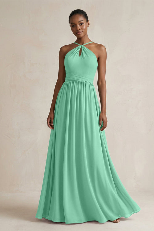 A - Line Halter Chiffon Ruched Bridesmaid Dress in Turquoise - SHE IS ME Bridesmaid Dresses