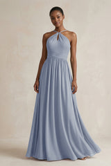 A - Line Halter Chiffon Ruched Bridesmaid Dress in Twilight - KISS BRIDAL Bridesmaid Dresses