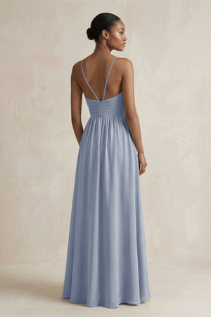 A - Line Halter Chiffon Ruched Bridesmaid Dress in Twilight - SHE IS ME Bridesmaid Dresses