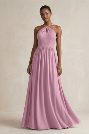 A - Line Halter Chiffon Ruched Bridesmaid Dress in Vintage Mauve - SHE IS ME Bridesmaid Dresses