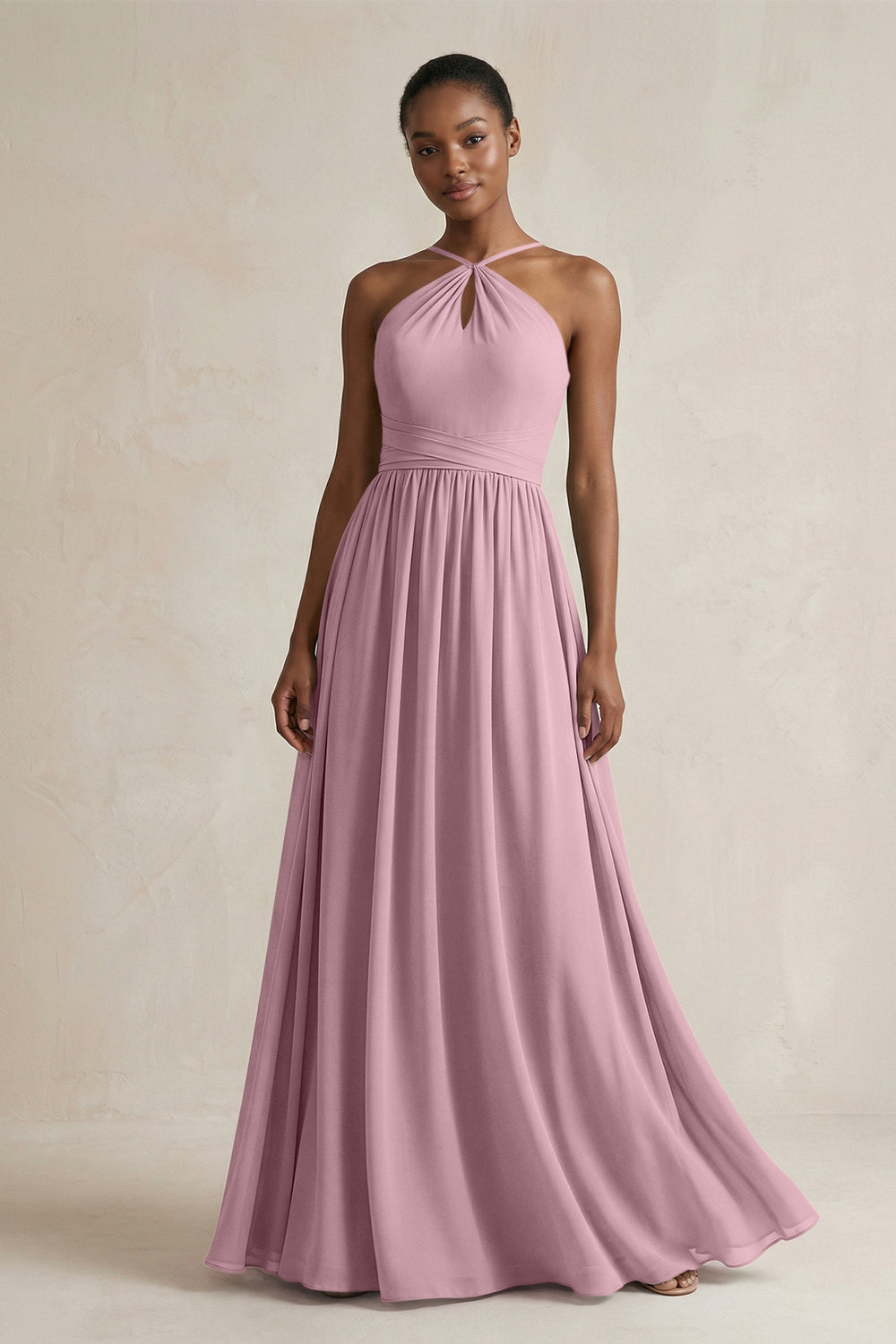 A-Line Halter Chiffon Ruched Bridesmaid Dress in Vintage Mauve