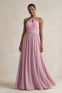 A-Line Halter Chiffon Ruched Bridesmaid Dress in Vintage Mauve | KISSBRIDAL