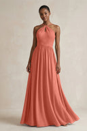 A - Line Halter Chiffon Ruched Bridesmaid Dress in Wild Rose - SHE IS ME Bridesmaid Dresses