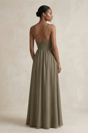 A - Line Halter Chiffon Ruched Bridesmaid Dress in Willow Green - SHE IS ME Bridesmaid Dresses