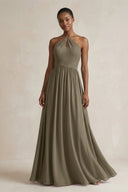 A - Line Halter Chiffon Ruched Bridesmaid Dress in Willow Green - SHE IS ME Bridesmaid Dresses