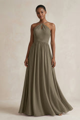 A - Line Halter Chiffon Ruched Bridesmaid Dress in Willow Green - KISS BRIDAL Bridesmaid Dresses