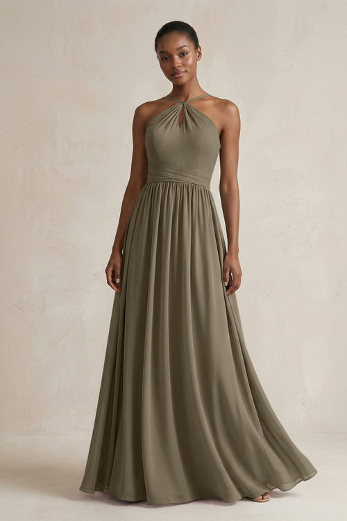 A - Line Halter Chiffon Ruched Bridesmaid Dress in Willow Green - SHE IS ME Bridesmaid Dresses