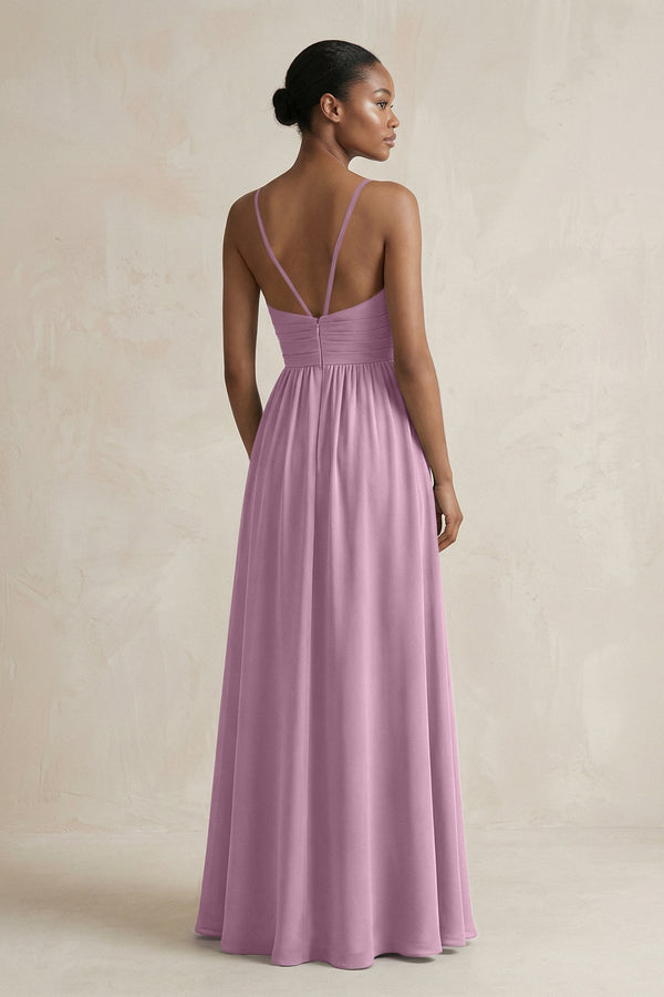 A - Line Halter Chiffon Ruched Bridesmaid Dress in Wisteria - SHE IS ME Bridesmaid Dresses