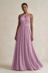 A - Line Halter Chiffon Ruched Bridesmaid Dress in Wisteria - KISS BRIDAL Bridesmaid Dresses