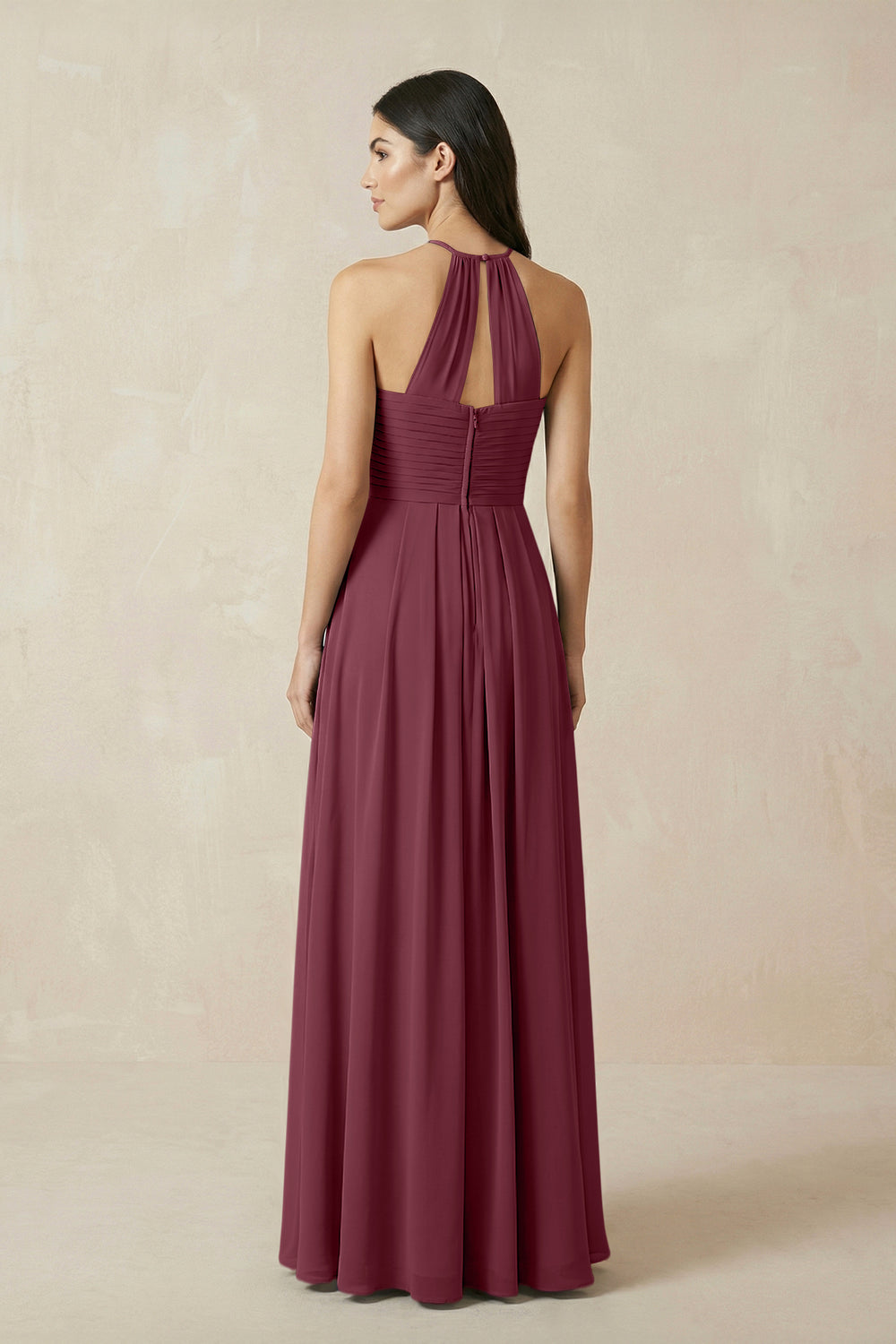 A-Line Halter Neck Pleated Chiffon Bridesmaid Dress in Desert Rose