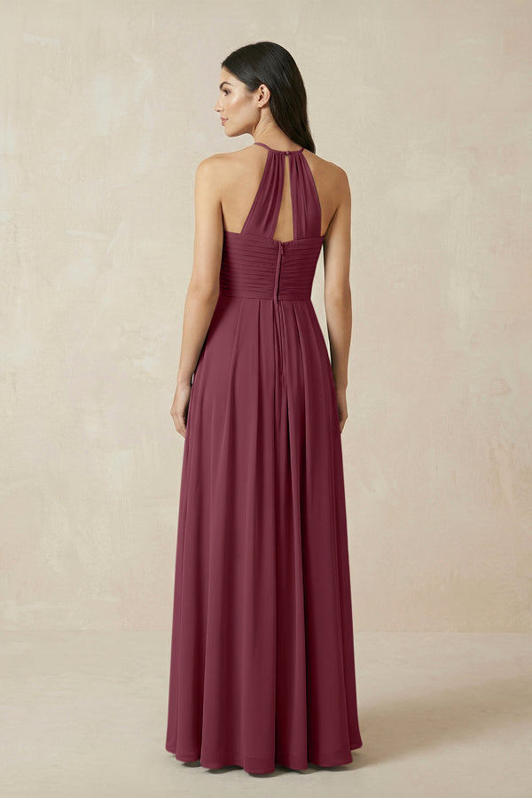 A-Line Halter Neck Pleated Chiffon Bridesmaid Dress in Desert Rose (2) | KISSBRIDAL