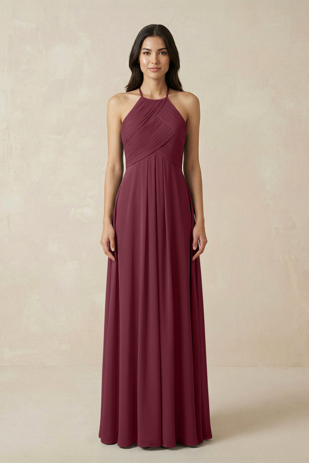 A-Line Halter Neck Pleated Chiffon Bridesmaid Dress in Desert Rose