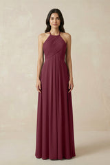 A-Line Halter Neck Pleated Chiffon Bridesmaid Dress in Desert Rose | KISSBRIDAL