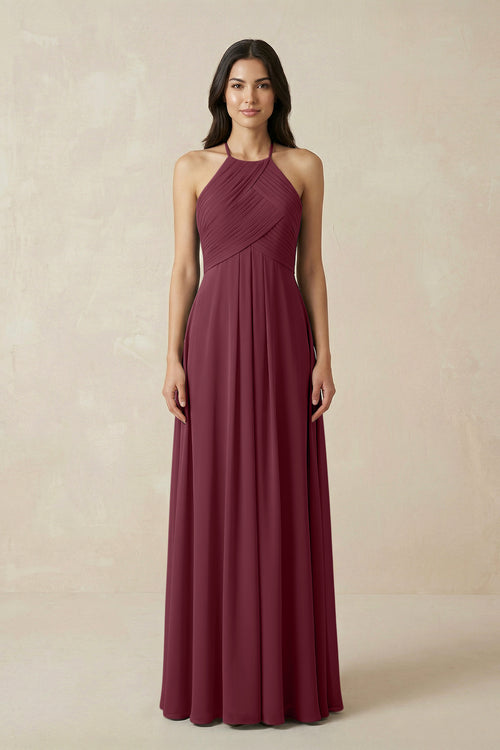 A-Line Halter Neck Pleated Chiffon Bridesmaid Dress in Desert Rose | KISSBRIDAL