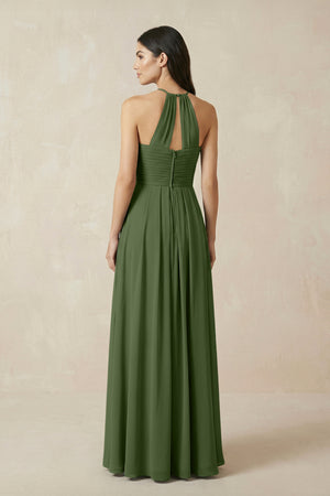 A-Line Halter Neck Pleated Chiffon Bridesmaid Dress in Moss (2) | KISSBRIDAL