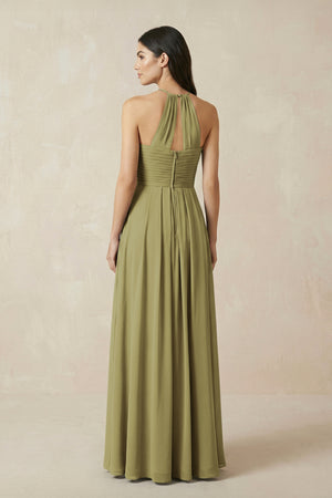 A-Line Halter Neck Pleated Chiffon Bridesmaid Dress in Moss Green (2) | KISSBRIDAL