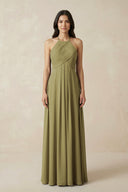 A-Line Halter Neck Pleated Chiffon Bridesmaid Dress in Moss Green | KISSBRIDAL