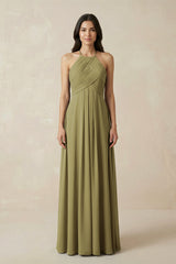 A-Line Halter Neck Pleated Chiffon Bridesmaid Dress in Moss Green | KISSBRIDAL