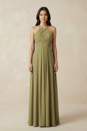 A-Line Halter Neck Pleated Chiffon Bridesmaid Dress in Moss Green | KISSBRIDAL