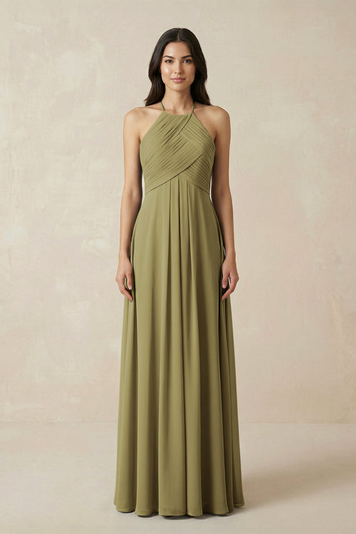 A-Line Halter Neck Pleated Chiffon Bridesmaid Dress in Moss Green | KISSBRIDAL
