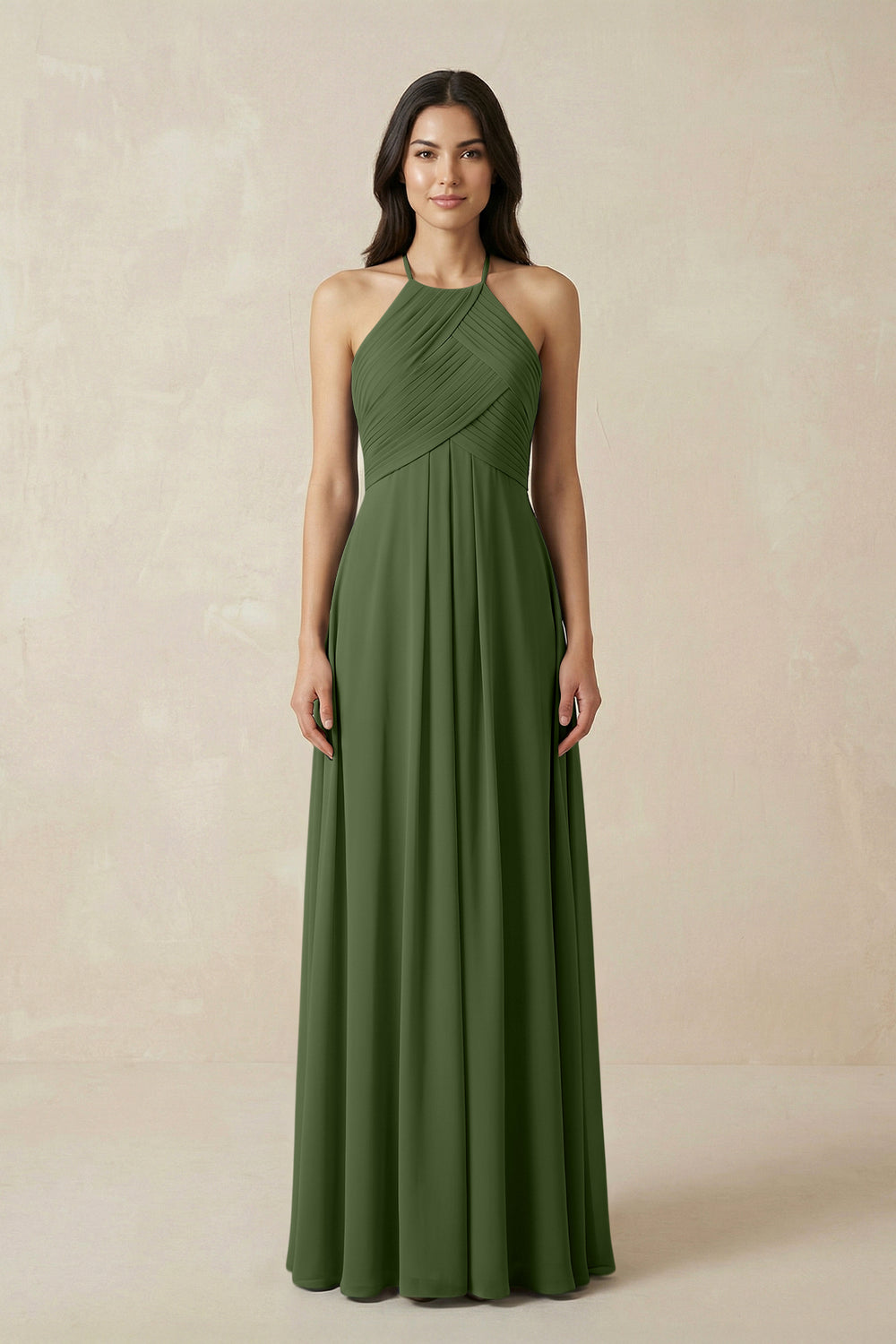 A-Line Halter Neck Pleated Chiffon Bridesmaid Dress in Moss
