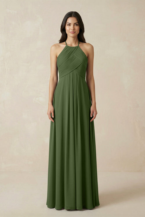 A-Line Halter Neck Pleated Chiffon Bridesmaid Dress in Moss | KISSBRIDAL