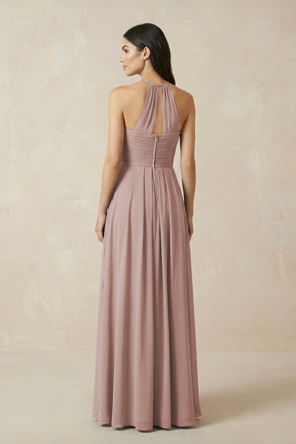 A-Line Halter Neck Pleated Chiffon Bridesmaid Dress in Toffee