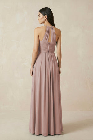 A-Line Halter Neck Pleated Chiffon Bridesmaid Dress in Toffee (2) | KISSBRIDAL