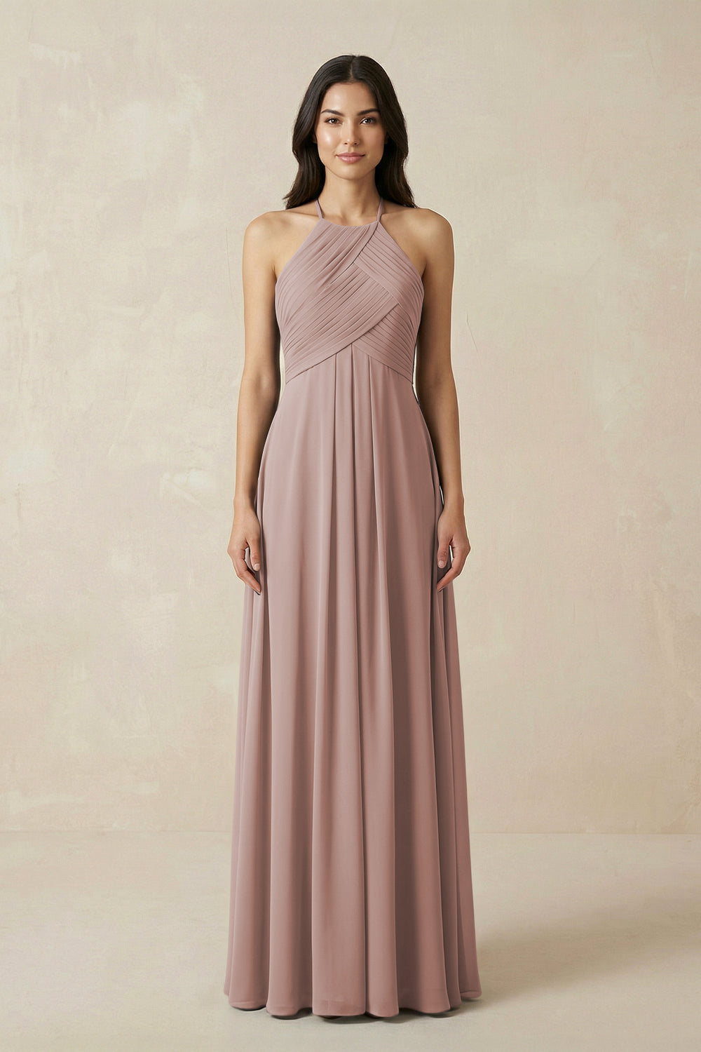 A-Line Halter Neck Pleated Chiffon Bridesmaid Dress in Toffee