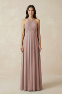 A-Line Halter Neck Pleated Chiffon Bridesmaid Dress in Toffee | KISSBRIDAL