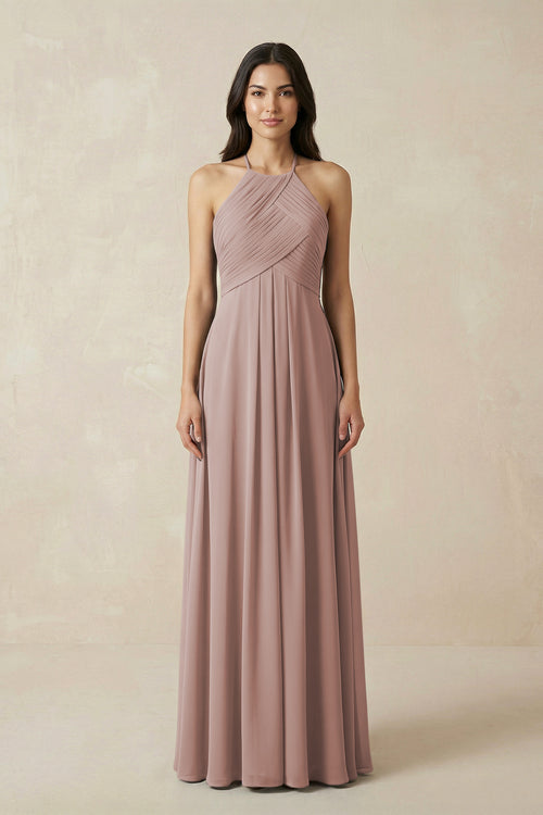 A-Line Halter Neck Pleated Chiffon Bridesmaid Dress in Toffee | KISSBRIDAL
