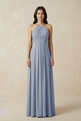 A - Line Halter Neck Pleated Chiffon Bridesmaid Dress in Twilight - KISS BRIDAL Bridesmaid Dresses