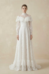 A - Line High Neck Long Sleeve Lace Wedding Dress - KISS BRIDAL Wedding Dresses
