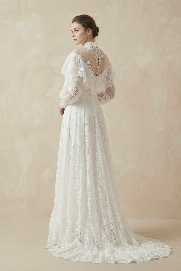 A - Line High Neck Long Sleeve Lace Wedding Dress - SHE IS ME Wedding Dresses