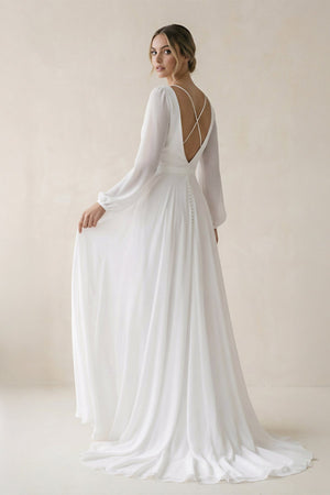 A - Line Illusion Neck Chiffon Wedding Dresses in White - SHE IS ME Wedding Dresses