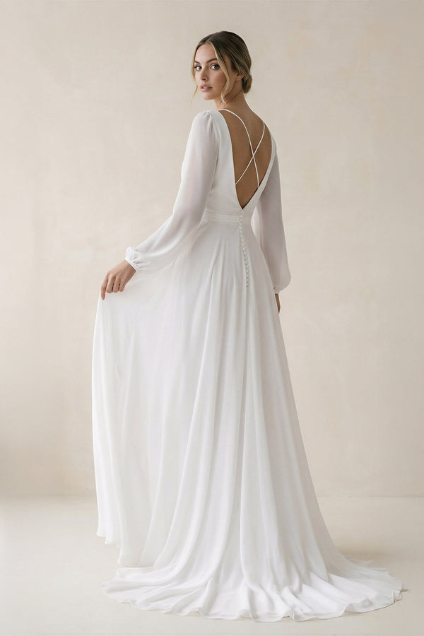 A - Line Illusion Neck Chiffon Wedding Dresses in White - SHE IS ME Wedding Dresses