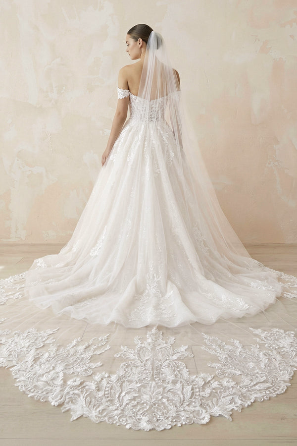 A Line Ivory Lace Off - the - Shoulder Wedding Dress - SHE IS ME Wedding Dresses