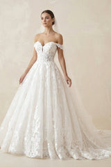 A Line Ivory Lace Off - the - Shoulder Wedding Dress - KISS BRIDAL Wedding Dresses
