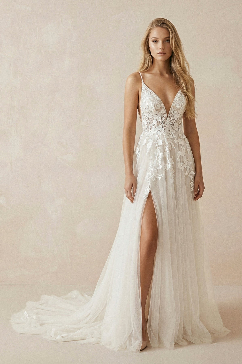 A - Line Ivory Lace V - Neck Wedding Dress with Ruffles - SHE IS ME Wedding Dresses