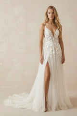 A - Line Ivory Lace V - Neck Wedding Dress with Ruffles - KISS BRIDAL Wedding Dresses