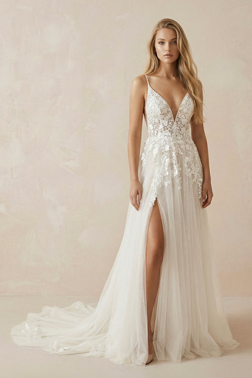 A - Line Ivory Lace V - Neck Wedding Dress with Ruffles - SHE IS ME Wedding Dresses