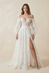 A - Line Ivory Off - the - Shoulder Lace Wedding Dress - KISS BRIDAL Wedding Dresses